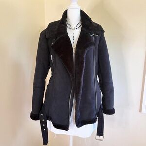Topshop black faux fur lined biker moto jacket motorcycle punk grunge M 8